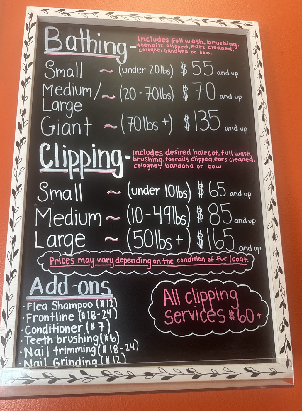 Handwritten Lovely Pet Grooming price board listing bathing, clipping and add-on prices